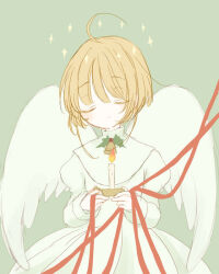 ahoge angel_wings bell blonde_hair candle cardcaptor_sakura character_request check_character closed_eyes closed_mouth collar commentary cowboy_shot dress green_background holding holding_candle kinomoto_sakura long_sleeves loose_hair_strand mistletoe neck_bell red_ribbon ribbon rui_(tsukihana) short_hair simple_background sparkle split_mouth swept_bangs symbol-only_commentary white_collar white_dress wings
