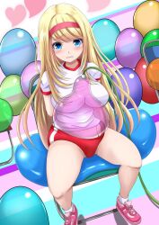 1girl balloon blue_eyes blush buruma gym_uniform red_buruma shoes sneakers