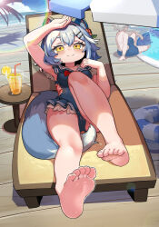 1boy 1girl absurdres animal_ear_fluff animal_ears arm_up armpits ass barefoot between_legs blue_hair blue_one-piece_swimsuit blue_sky blue_umbrella blush breasts cameltoe chair cloud collarbone cup day drink drinking_glass drinking_straw feet flower food frilled_one-piece_swimsuit frills fruit hair_between_eyes hair_flower hair_ornament hairclip halo hand_up highres innertube knee_up lemon lemon_slice looking_at_viewer lounge_chair lying male_swimwear multicolored_hair multicolored_halo ocean on_back one-piece_swimsuit original outdoors pool poolside rainbow rainbow_halo sailor_collar sailor_one-piece_swimsuit sakurami_sumi shading_eyes short_hair sitting sky small_breasts smile soles solo_focus swim_ring swimsuit tail tail_between_legs thick_eyebrows toes two-tone_hair two-tone_umbrella umbrella white_hair white_umbrella wooden_floor yellow_eyes