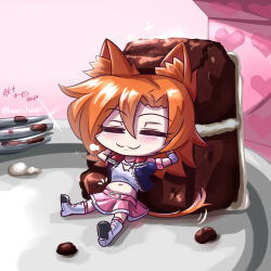 1girl after_eating animal_ears boots cake cat_ears chibi closed_eyes food nora_valkyrie rwby skirt vilde_loh_hocen