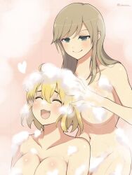 2girls bathing blonde_hair breasts closed_eyes foam green_eyes happy haruka_(senran_kagura) heart large_breasts lemonrou light_brown_hair long_hair multiple_girls nude ryouna_(senran_kagura) senran_kagura short_hair steam teeth upper_teeth_only wet