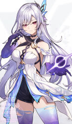 1girl bare_shoulders black_choker black_hole breasts butterfly_hair_ornament chest_harness choker cleavage dress genshin_impact gloves grey_hair hair_ornament halter_dress halterneck hand_up harness highres long_hair looking_at_viewer medium_breasts pink_eyes purple_gloves purple_thighhighs reia_hana short_dress skirk_(genshin_impact) solo thighhighs very_long_hair white_dress