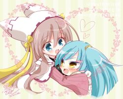 Rule 34 | 2024, 2girls, :d, akagi (sanoba witch), animal ear hairband, animal ears, aqua hair, blue eyes, blunt bangs, blunt ends, blush, bow, brown hair, cape, commentary, cropped torso, dated, embarrassed, fake animal ears, frilled sleeves, frills, green background, hair between eyes, hairband, happy, hat, hat bow, hat ribbon, heart, hinocchio bkrk, hug, long hair, long sleeves, looking at another, magical girl, multiple girls, open mouth, ribbon, sanoba witch, shiiba tsumugi, sidelocks, signature, simple background, sketch, smile, sweatdrop, teeth, twintails, upper teeth only, v-shaped eyebrows, very long hair, white cape, white hat, wide sleeves, yellow bow, yellow eyes, yellow ribbon