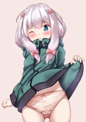 1girl ;o blue_eyes blush bow bow_panties brown_background brown_panties clothes_lift clothes_writing commentary_request cowboy_shot eromanga_sensei female_focus green_jacket hair_bow highres izumi_sagiri jacket jacket_lift lifting_own_clothes long_hair long_sleeves looking_at_viewer mochiyuki multiple_hair_bows nail_polish one_eye_closed panties panty_writing parted_lips pink_bow pink_nails purple_hair red_bow sidelocks simple_background solo standing text_print underwear