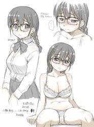 1girl black-framed_eyewear black_bow black_bowtie black_eyes black_hair black_skirt blush bow bowtie bra braid breasts cameltoe cleavage closed_mouth collared_shirt copyright_request ebifly embarrassed glasses jimiko large_breasts long_sleeves looking_at_viewer multiple_views pale_color panties parted_lips school_uniform shirt simple_background sitting skirt translation_request twin_braids underwear underwear_only white_bra white_panties white_shirt wing_collar