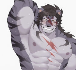 1boy abs animal_ears arm_up armpit_peek armpits bara black_fur black_hair cat_nose commentary_request fang furry furry_male grin hachi_duchi highres looking_at_viewer male_focus muscular muscular_male nipples pectorals presenting_armpit scar scar_across_eye scar_on_chest scar_on_face scar_on_nose sdorica smile tiger_boy tiger_ears tiger_stripes topless_male yao_(sdorica) yellow_eyes
