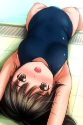 1girl absurdres black_hair blue_one-piece_swimsuit blush breasts brown_eyes commentary_request covered_navel highres looking_at_viewer lying matsunaga_kouyou on_back one-piece_swimsuit open_mouth original poolside short_hair small_breasts solo swimsuit