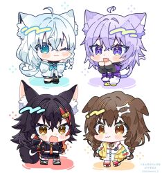 4girls :3 :d ;3 ahoge animal_ear_fluff animal_ears black_hair black_sailor_collar black_shirt black_shoes black_shorts black_skirt black_thighhighs blue_dress blue_eyes blue_hair blue_neckerchief bone_hair_ornament braid brown_eyes brown_hair cat_ears cat_girl cat_tail chibi chibi_only commentary_request crop_top cropped_shirt detached_ahoge dog_ears dog_girl dress fang fox_ears fox_girl fox_tail full_body hair_between_eyes hair_ornament highres hololive hololive_gamers inugami_korone jacket long_hair long_sleeves looking_at_viewer multicolored_hair multiple_girls neckerchief necktie nekomata_okayu notamaru_2 one_eye_closed ookami_mio open_clothes open_jacket open_mouth pants pleated_skirt purple_eyes purple_hair red_hair red_necktie red_socks ribbon-trimmed_sleeves ribbon_trim sailor_collar shirakami_fubuki shirt shoes short_hair shorts simple_background single_braid single_thighhigh skirt smile socks standing streaked_hair tail thighhighs twin_braids twitter_username virtual_youtuber watermark white_background white_dress white_pants white_sailor_collar white_shoes yellow_eyes yellow_jacket yellow_shoes