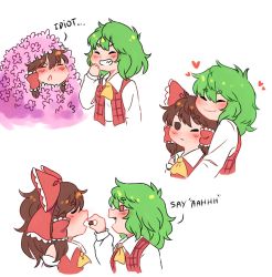 2girls ascot blush bow brown_hair collared_shirt commentary cropped_torso detached_sleeves english_commentary english_text flower food green_hair grin hair_bow hair_tubes hakurei_reimu hanaarts heart highres holding holding_food hug kazami_yuuka long_sleeves medium_hair multiple_girls one_eye_closed pink_flower plaid_clothes plaid_vest red_bow red_eyes red_shirt red_vest shirt simple_background smile touhou triangle_mouth vest white_background white_shirt yellow_ascot yuri