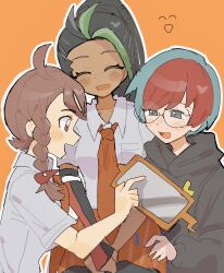 3girls black_hair black_hoodie blue_hair blush braid breasts brown_eyes brown_hair closed_eyes collared_shirt dark-skinned_female dark_skin freckles gen_4_pokemon glasses green_hair han0579 highres holding hood hoodie juliana_(pokemon) long_hair long_sleeves multicolored_hair multiple_girls naranja_academy_school_uniform necktie nemona_(pokemon) nintendo open_mouth orange_necktie orange_shorts penny_(pokemon) pokemon pokemon_sv ponytail red_hair rotom rotom_phone round_eyewear school_uniform shirt short_hair short_sleeves shorts smile streaked_hair two-tone_hair white_shirt