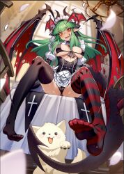 1girl bikini black_bikini black_horns black_thighhighs breasts cameltoe character_request cluseller commission copyright_request cross cross_earrings dragon_girl dragon_tail dragon_wings earrings green_hair highres horns jewelry large_breasts long_hair maid_headdress open_mouth orange_eyes pointy_ears sitting skeb_commission slit_pupils smile solo striped_clothes striped_thighhighs swimsuit tail thighhighs torn_wings wings