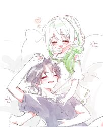 +++ 1boy 1girl 52601i alternate_hairstyle arm_up barefoot blunt_ends blush closed_eyes couple curled_fingers dress eyelashes genshin_impact green_hair green_ribbon hair_over_shoulder hand_on_another&#039;s_chest hand_on_own_head hand_on_own_stomach heart hetero highres long_hair low_ponytail lying_on_person multicolored_hair nahida_(genshin_impact) open_mouth partially_colored pillow pointy_ears ponytail purple_hair purple_shirt purple_sleeves ribbon scaramouche_(genshin_impact) shirt short_sleeves sketch sleepwear spaghetti_strap streaked_hair teeth upper_teeth_only white_background white_dress white_hair white_sleeves