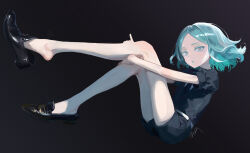 1other absurdres androgynous aqua_eyes aqua_hair black_background black_necktie black_shoes crystal_hair gem_uniform_(houseki_no_kuni) hand_on_own_leg highres houseki_no_kuni looking_at_viewer medium_hair necktie phosphophyllite puffy_short_sleeves puffy_sleeves shoes short_sleeves signature solo sui_yamami