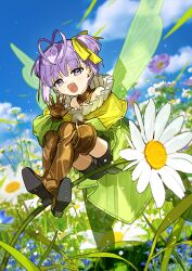 1girl :d antenna_hair arm_at_side bare_shoulders black_shorts blue_sky boots brown_boots brown_collar brown_gloves cloud collar crossed_ankles dress fairy fairy_wings fate/grand_order fate_(series) field flower flower_field flower_request full_body game_cg gloves green_dress green_wings hair_ribbon hand_up heart_antenna_hair high-low_dress high_heel_boots high_heels kazuradrop_(fate) long_sleeves looking_at_viewer mini_person minigirl murian_(fate) off-shoulder_dress off_shoulder official_art on_flower open_mouth pom_pom_(clothes) puffy_long_sleeves puffy_sleeves purple_eyes purple_flower purple_hair ribbon shawl short_hair shorts sitting sky smile solo thigh_boots third-party_source two_side_up wada_arco white_flower wind wings yellow_ribbon yellow_shawl
