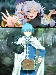 1boy 2girls ? angry aura blue_eyes blue_hair blush box cape closed_eyes crying elf fern_(sousou_no_frieren) grabbing_from_behind grass green_eyes himmel_(sousou_no_frieren) khyle. leaf multiple_girls open_mouth penis_in_box_(meme) pointy_ears prank purple_hair sad smile snot sousou_no_frieren struggling tears treasure_chest tree tussle vanishing white_hair