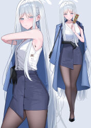 1girl alternate_costume armpits bare_arms black_pantyhose black_shoes blue_archive blue_eyes blue_jacket blue_skirt blush closed_mouth flower food hair_flower hair_ornament highres holding holding_food holding_skewer jacket jacket_on_shoulders long_hair looking_at_viewer nagusa_(blue_archive) pantyhose parted_bangs shirt shoes shougun_(chuckni1) sidelocks single_bare_shoulder skewer skirt sleeveless sleeveless_shirt solo white_flower white_hair white_shirt