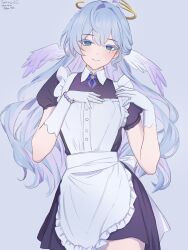 Rule 34 | 1girl, alternate costume, apron, artist name, black dress, blue background, blue eyes, blue hair, bow, bowtie, bracelet, closed mouth, colored eyelashes, covered collarbone, dress, eyebrows hidden by hair, eyes visible through hair, face jewel, facing viewer, feathered wings, gloves, halo, hand on own chest, head wings, highres, jewel under eye, jewelry, lipstick, long hair, looking at viewer, maid, maid apron, makeup, pearl bracelet, pink lips, purple bow, purple bowtie, robin (honkai: star rail), samlatte, signature, smile, solo, standing, thigh peek, very long hair, white apron, white gloves, white wings, wings