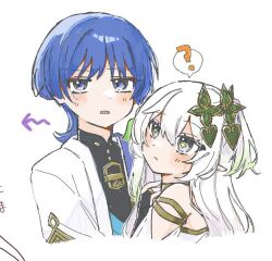 1boy 1girl ? alternate_costume armlet armor arrow_(symbol) averting_eyes avhn_10 black_bodysuit black_bridal_gauntlets blue_hair blue_kimono blunt_ends blush bodysuit bridal_gauntlets cross-shaped_pupils dress eyelashes eyeliner eyeshadow genshin_impact gold gold_ring gold_trim green_eyes green_hair hair_between_eyes hair_ornament height_difference japanese_armor japanese_clothes jewelry juban kimono kote kurokote leaf leaf_hair_ornament long_hair looking_at_another looking_at_viewer makeup mandarin_collar middle_ring nahida_(genshin_impact) neck_ring one_side_up open_clothes open_kimono open_mouth pointy_ears purple_eyes red_eyeliner red_eyeshadow scaramouche_(genshin_impact) sketch spoken_question_mark sweatdrop symbol-shaped_pupils wanderer_(genshin_impact) white_background white_dress white_hair white_kimono white_sleeves yellow_pupils