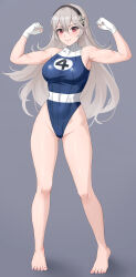 Rule 34 | 1girl, absurdres, amayo thranana, barefoot, black hairband, blue leotard, breasts, closed mouth, commission, corrin (female) (fire emblem), covered navel, fire emblem, fire emblem fates, flexing, full body, gloves, gluteal fold, grey background, grey hair, hair between eyes, hairband, highleg, highleg leotard, highres, knees, large breasts, legs, leotard, long hair, looking at viewer, nintendo, pointy ears, red eyes, simple background, skeb commission, smile, solo, standing, thighs, toes, white gloves