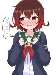 1girl blue_jacket blush brown_hair commentary_request crescent crescent_pin facing_viewer gradient_hair green_sailor_collar highres jacket kantai_collection matsu_(pixiv_115467950) multicolored_hair mutsuki_(kancolle) mutsuki_kai_ni_(kancolle) neckerchief nose_blush open_clothes open_jacket red_eyes red_hair red_neckerchief sailor_collar school_uniform serafuku shirt short_hair sideways_glance simple_background solo translation_request upper_body white_background white_shirt