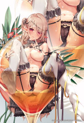 1girl :q azumi_akitake bikini bikini_bottom_only black_bikini blonde_hair blush breasts cameltoe circlet closed_mouth cup detached_sleeves drinking_glass elf feet_against_glass flower food frilled_thighhighs frills fruit garter_belt highres in_container in_cup jewelry large_breasts long_hair long_sleeves looking_at_viewer melonbooks mini_person minigirl navel necklace nipples one_side_up orange_(fruit) orange_slice original pillow pointy_ears red_eyes red_flower sitting skindentation smile soles solo suggestive_fluid swimsuit thighhighs tongue tongue_out topless_female torn_bikini torn_clothes unworn_bikini_top white_flower white_thighhighs zoom_layer