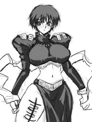 1girl :&lt; artist_request breasts curvy highres houshin_engi large_breasts leg_tattoo looking_to_the_side monochrome ou_kijin panties short_hair simple_background solo tattoo underwear wide_hips