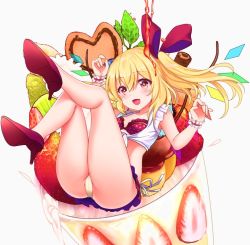 1girl :d arm_up ass bare_arms bare_legs blonde_hair blush bra commentary_request crop_top crystal cup drinking_glass female_focus flandre_scarlet food frilled_bra frills front-tie_top fruit full_body grey_background hair_between_eyes hair_ribbon hand_up high_heels in_container in_cup in_food leaf legs_up long_hair looking_at_viewer lying microskirt midriff no_headwear on_back one_side_up open_mouth panties pantyshot polka_dot polka_dot_bra red_bra red_eyes red_footwear red_ribbon red_skirt ribbon rimu_(kingyo_origin) shirt simple_background skirt smile solo strawberry thighs tied_shirt touhou underwear white_shirt wings wrist_cuffs yellow_panties