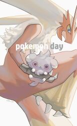 :t anniversary blaziken blue_eyes claws closed_mouth colored_sclera commentary_request creatures_(company) espurr game_freak gen_3_pokemon gen_6_pokemon highres holding holding_pokemon nintendo open_mouth pink_eyes pokemon pokemon_(creature) sameniku_umai simple_background white_background yellow_sclera