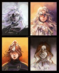 Rule 34 | 4girls, alicia (clair obscur: expedition 33), artist name, black border, blue eyes, border, brown hair, clair obscur: expedition 33, closed eyes, eaissilyysack, highres, long hair, looking at viewer, maelle (clair obscur: expedition 33), multiple girls, multiple persona, portrait, scar, scar on face, signature, straight-on, tears, white hair