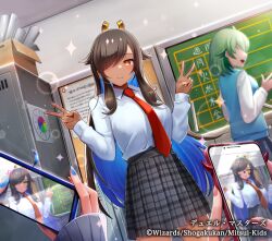 4girls black_hair blue_hair blue_nails blue_vest box breasts cardboard_box cellphone cellphone_photo chalkboard classroom closed_mouth colored_inner_hair company_name copyright_name copyright_notice dark-skinned_female dark_skin double_v dragon_musume_ni_naritakunai! duel_masters dutch_angle eyewear_on_head hair_ornament holding holding_phone indoors kenko_(a143016) large_breasts locker looking_to_the_side maguma_mega medium_hair multicolored_hair multiple_girls nagareboshi_asche nail_polish necktie official_art open_mouth orange_eyes phone pleated_skirt pov pov_hands red_nails red_necktie ribbon sava_k_zeos school_uniform shirt sidelocks skirt smartphone sparkle standing taking_picture v vest white_shirt