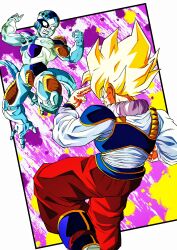 Rule 34 | 2boys, absurdres, alien, anger vein, armor, blonde hair, boots, clenched teeth, cyborg, dragon ball, dragonball z, flying, frieza, green eyes, highres, instant transmission, looking at another, mecha frieza, multiple boys, official alternate costume, official style, oharu2000, pants, prosthesis, prosthetic leg, prosthetic tail, red eyes, red pants, scar, scar on chest, smirk, son goku, spiked hair, super saiyan, super saiyan 1, tail, teeth