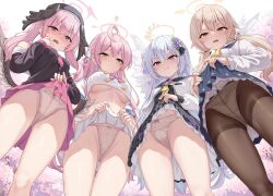 4girls ahoge angel_wings azusa_(blue_archive) bare_shoulders beret black_dress black_sailor_collar black_shirt black_wings blue_archive blue_sailor_collar blue_skirt blush bow bow_panties bowtie braid breasts brown_eyes brown_hair brown_pantyhose buttons closed_mouth clothes_lift commentary_request crop_top crop_top_overhang cropped_shirt crossed_bangs crotch_seam disgust double-breasted dress feathered_wings flower from_below gluteal_fold green_eyes group_picture hair_between_eyes hair_bow hair_flower hair_ornament hair_ribbon halo hanako_(blue_archive) hat head_wings hifumi_(blue_archive) highres iya_na_kao_sare_nagara_opantsu_misete_moraitai jacket koharu_(blue_archive) lace lace_panties large_breasts lifting_own_clothes lineup long_hair long_sleeves looking_at_viewer looking_down low_twintails low_wings milkshakework miniskirt multi-strapped_panties multiple_girls neckerchief off_shoulder open_clothes open_jacket open_mouth panties panties_under_pantyhose pantyhose petticoat pink_bow pink_eyes pink_hair pink_neckerchief pink_skirt pleated_skirt polka_dot polka_dot_panties purple_eyes ribbon sailor_collar shirt short_sleeves side_braid skirt skirt_lift sleeve_cuffs small_breasts smile thigh_gap thighband_pantyhose thighs twintails underboob underwear upskirt white_hair white_jacket white_panties white_sailor_collar white_shirt white_skirt white_wings wing_hair_ornament wings yellow_bow yellow_neckerchief