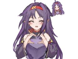 1girl :d ^_^ ahoge armor bare_shoulders black_leotard blush breastplate chibi closed_eyes commentary detached_sleeves headband heart heart_hands highres konno_yuuki_(sao) leotard long_hair long_sleeves messy_hair open_mouth purple_hair purple_sleeves red_eyes red_headband simple_background sketch sleeveless_turtleneck_leotard smile solo sword_art_online upper_body user_savg7824 white_background