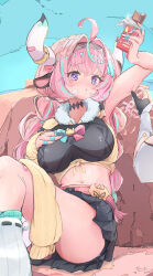 2girls absurdres ahoge animal_ears aqua_hair bandaid black_skirt braid breasts bright_pupils candy chocolate chocolate_bar cow_ears cow_girl cow_horns detached_sleeves eating feet_out_of_frame food fur_trim genshin_impact hairband highres holding holding_candy holding_food hooriyuu horns large_breasts leg_warmers long_hair looking_at_another lumine_(genshin_impact) midriff multicolored_hair multiple_girls navel on_ground pinching pink_hair purple_eyes sitting skirt streaked_hair twin_braids varesa_(genshin_impact) white_leg_warmers yellow_sleeves