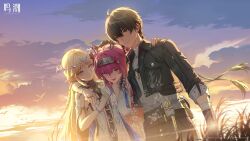 1boy 2girls arm_around_shoulder armor bare_shoulders black_collar black_dress black_gloves black_hair black_jacket black_pants blue_eyes breastplate breasts cartethyia_(wuthering_waves) closed_mouth collar copyright_notice crown_of_thorns dress earrings game_cg gloves grey_shirt hair_ornament hairband hand_on_another&#039;s_head highres jacket jewelry logo looking_at_another lupa_(wuthering_waves) male_rover_(wuthering_waves) medium_breasts metal_collar metal_hairband missing_commentary multiple_girls necklace official_art open_clothes open_jacket outdoors pants parted_bangs pink_hair pointy_ears rover_(wuthering_waves) shirt sleeves_rolled_up smile tabard tacet_mark_(wuthering_waves) white_tabard wuthering_waves yellow_eyes