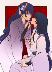 1boy 1girl absurdres applying_makeup blue_eyes blue_hair blunt_bangs braid bridal_gauntlets crying crying_with_eyes_open feathers from_side genshin_impact hair_ornament hand_up highres holding holding_brush japanese_clothes jewelry joints kimono leaning_forward light_blush long_hair long_sleeves looking_at_another looking_down low-tied_long_hair lulu_(user_mmrd2745) makeup_brush mole mole_under_eye mother_and_son multicolored_hair necklace purple_eyes purple_hair purple_kimono raiden_shogun red_lips robot_joints sad scaramouche_(genshin_impact) scaramouche_(kabukimono)_(genshin_impact) shade single_braid sitting streaked_hair streaming_tears tears trap wide_sleeves