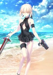 1girl artoria_pendragon_(fate) artoria_pendragon_alter_(swimsuit_rider)_(fate) artoria_pendragon_alter_(swimsuit_rider)_(first_ascension)_(fate) balloon_sword bare_shoulders beach black_dress black_ribbon black_straps blonde_hair blue_sky breasts breasts_apart bun_with_braided_base clothing_cutout cloud day dress excalibur_morgan_(fate) fate/grand_order fate_(series) feet_out_of_frame food food_in_mouth frilled_thigh_strap gun hair_bun hair_ribbon halter_dress halterneck holding holding_gun holding_weapon horizon looking_at_viewer medium_breasts mouth_hold ocean official_art outdoors popsicle popsicle_in_mouth ribbon sand short_dress short_hair sideboob sidelocks single_hair_bun sky sleeveless sleeveless_dress solo standing takeuchi_takashi thigh_strap third-party_source trigger_discipline underboob underboob_cutout v-shaped_eyebrows variant_set weapon weapon_request yellow_eyes