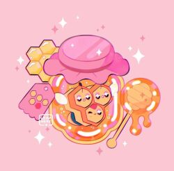 +_+ :d :o ;) artist_name blush combee commentary creatures_(company) game_freak gen_4_pokemon honey honey_dipper leaphere nintendo no_humans one_eye_closed open_mouth pink_background pokemon pokemon_(creature) smile solo sparkle star_(symbol)