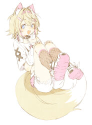 1girl :d abara_heiki absurdres animal_ear_fluff animal_ears bandaid bandaid_hair_ornament blonde_hair blue_eyes commentary dog_ears dog_girl dog_tail fishnet_socks fishnets hair_ornament headphones headphones_around_neck highres hololive hololive_english looking_at_viewer midriff mococo_abyssgard mococo_abyssgard_(1st_costume) multicolored_hair open_mouth pink_hair shoe_soles short_hair shorts simple_background smile socks solo streaked_hair symbol-only_commentary tail virtual_youtuber white_background white_shorts x_hair_ornament