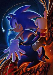 2boys absurdres animal_ears animal_nose blue_fur bracelet closed_mouth commentary doom_wings earth_(planet) falling_star furry furry_male gloves gold_bracelet green_eyes grin hedgehog highres jewelry looking_at_viewer male_focus multiple_boys planet red_eyes red_fur rotational_symmetry shadow_the_hedgehog sky smile sonic_(series) sonic_generations sonic_the_hedgehog sonic_x_shadow_generations space spacecolonie star_(sky) starry_sky tail teeth upside-down white_fur white_gloves