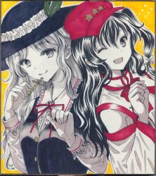 2girls :d black_hair black_hat black_vest breasts closed_mouth collared_shirt cross dolls_in_pseudo_paradise fedora flat_cap frilled_hat frilled_shirt_collar frilled_sleeves frills hajike_akira happy hat hat_feather highres holding holding_cross jacket_girl_(dipp) label_girl_(dipp) limited_palette long_hair long_sleeves mandarin_collar multiple_girls neck_ribbon newsboy_cap one_eye_closed open_mouth red_ribbon ribbon shirt side_ponytail small_breasts smile touhou traditional_media upper_body very_long_hair vest wavy_hair white_shirt white_vest wide_sleeves yellow_background