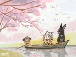 1girl animal_ear_fluff animal_ears boat bodysuit chibi cloud cloudy_sky dated day grey_hair hair_ribbon hat manabeku nia_(xenoblade) open_mouth outdoors petal_on_head petals rabbit ribbon rice_hat river signature sky solo tree water watercraft xenoblade_chronicles_(series) xenoblade_chronicles_2 yellow_bodysuit yellow_ribbon
