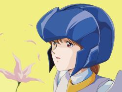 1980s_(style) 1girl :d brown_eyes brown_hair flower habara_nobuyoshi helmet leina_stol long_hair machine_robo machine_robo_chronos_no_dai_gyakushuu official_art oldschool open_mouth retro_artstyle smile solo