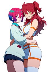 ai-generated amate_yuzuriha breasts crossover earrings female_focus freckles green_eyes gundam gundam_00 gundam_gquuuuuux hug jewelry large_breasts long_hair nena_trinity overknee_boots pale_skin red_hair school_uniform short_female short_hair shorts skirt stud_earrings thighhighs yellow_eyes