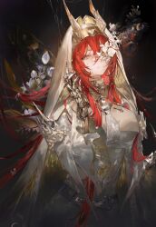 1girl alternate_costume arknights ascalon_(arknights) black_background breasts bug butterfly chiaspicy commentary_request cowboy_shot dress flower gauntlets hair_between_eyes hand_up highres horns insect large_breasts long_hair long_sleeves looking_at_viewer multicolored_hair orange_eyes parted_lips pointy_ears purple_hair red_hair simple_background solo teardrop_facial_mark two-tone_hair veil white_dress white_flower white_veil wide_sleeves