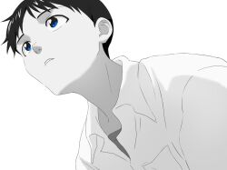 1boy blue_eyes collared_shirt dutch_angle greyscale highres ikari_shinji kura_rart looking_ahead male_focus monochrome neon_genesis_evangelion open_collar parted_lips shirt short_hair simple_background solo spot_color teeth upper_body white_background wing_collar
