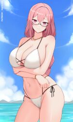 1girl arms_under_breasts bikini blue_sky breasts cleavage closed_mouth cloud cowboy_shot day glasses jewelry kaos_art large_breasts long_hair looking_at_viewer navel necklace ocean outdoors pink_eyes pink_hair sky smile solo stomach swimsuit tsukishiro_yanagi water white_bikini zenless_zone_zero