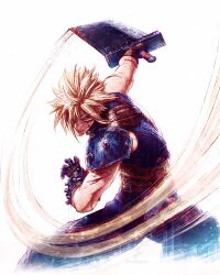 1boy absurdres armor attack belt black_gloves blonde_hair blood blood_on_face blue_eyes blue_pants blue_sweater brown_belt buster_sword cloud_strife commentary cowboy_shot feet_out_of_frame fighting_stance final_fantasy final_fantasy_vii final_fantasy_vii_rebirth final_fantasy_vii_remake gloves hair_over_one_eye highres holding holding_sword holding_weapon injury looking_at_viewer male_focus motion_lines pants short_hair signature single_bare_shoulder single_shoulder_pad slashing sleeveless sleeveless_turtleneck solo spiked_hair suspenders sweater sword toned toned_male turtleneck turtleneck_sweater tylor_hepner weapon white_background