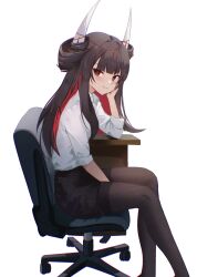 1girl alternate_costume arm_support azur_lane between_legs black_skirt blush brown_hair danraz0r from_side hand_between_legs hand_on_own_cheek hand_on_own_face hatsuzuki_(azur_lane) head_rest highres horns long_hair miniskirt multicolored_hair office_lady on_chair pantyhose red_eyes red_hair shirt sitting skirt slit_pupils smile solo two-tone_hair white_shirt