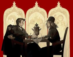 2boys alexei_karamazov black_hair black_headwear black_necktie black_robe black_suit brothers chair cross cross_necklace cup feet_out_of_frame formal_clothes glasses hair_slicked_back highres ivan_karamazov jadetilaurant jesus jewelry literature long_hair multiple_boys necklace necktie plate red_background robe short_hair siblings sitting spoon suit table talking teacup the_karamazov_brothers
